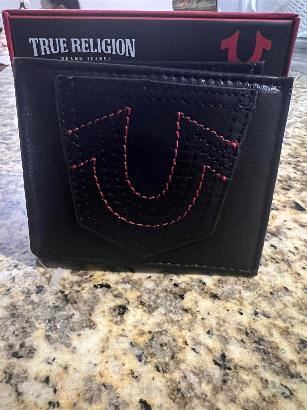#2580**True Religion Black Leather Bifold Wallet with Red Stitching